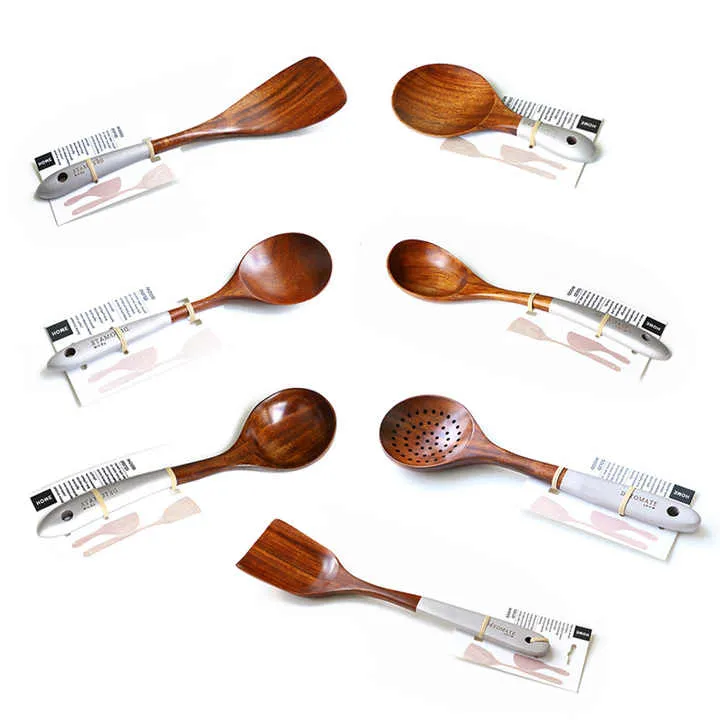 أواني طبخ للمطبخ مطلية بألوان متعددة من خشب الساج Multicolor Lacquered Teak Wood Kitchen Cooking Utensils,
