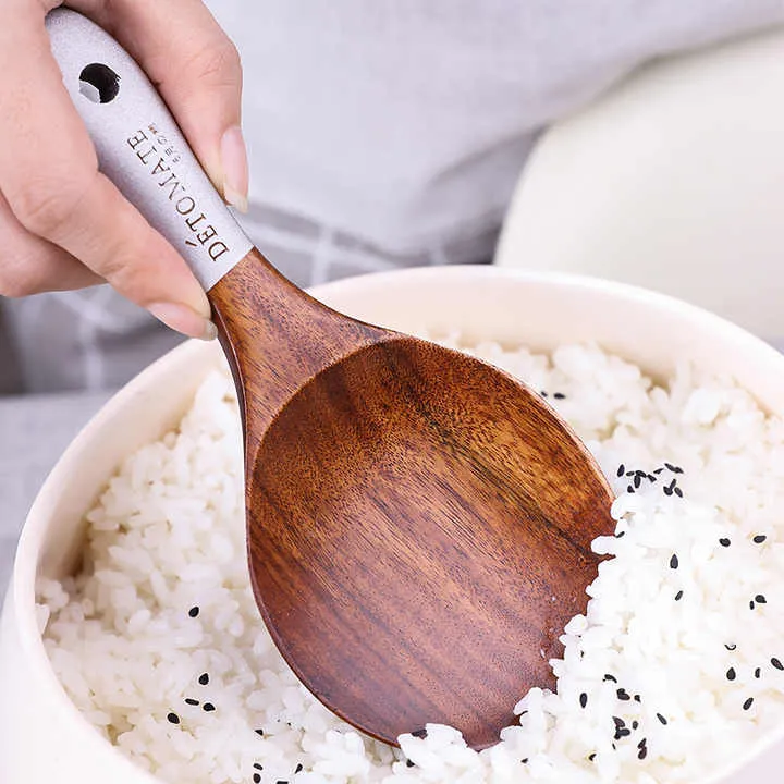 أواني طبخ للمطبخ مطلية بألوان متعددة من خشب الساج Multicolor Lacquered Teak Wood Kitchen Cooking Utensils,