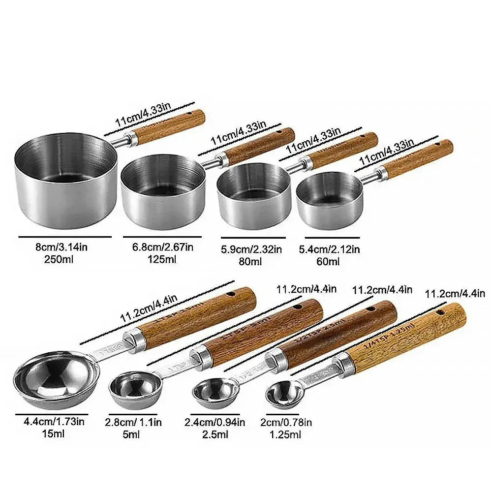 8 Piece Stainless Steel Measuring Spoon Set With Wooden Handle