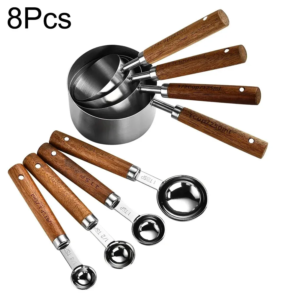 8 Piece Stainless Steel Measuring Spoon Set With Wooden Handle
