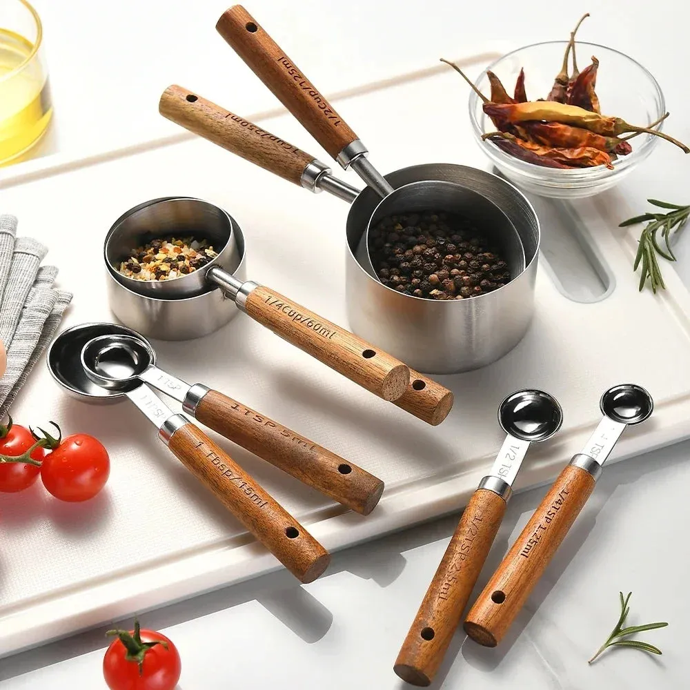 8 Piece Stainless Steel Measuring Spoon Set With Wooden Handle