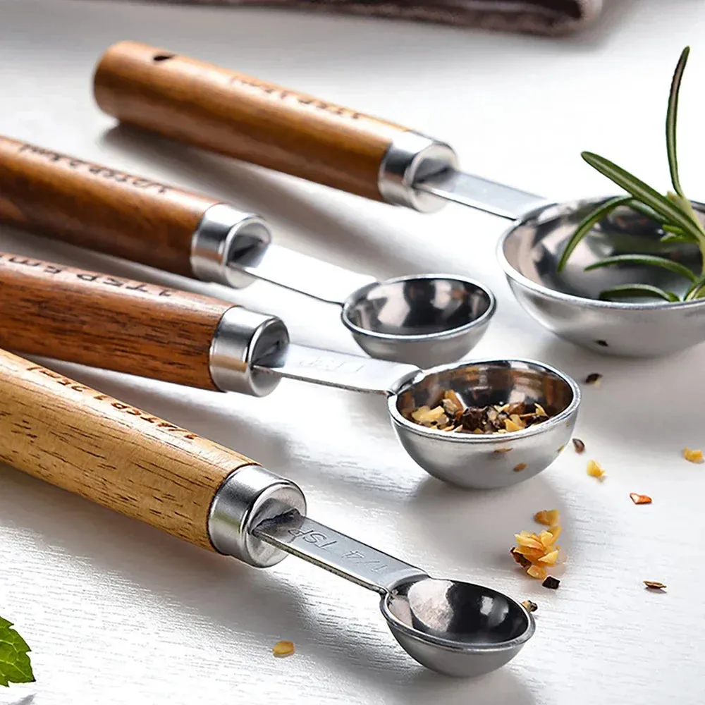 8 Piece Stainless Steel Measuring Spoon Set With Wooden Handle