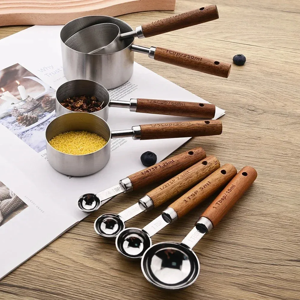 8 Piece Stainless Steel Measuring Spoon Set With Wooden Handle