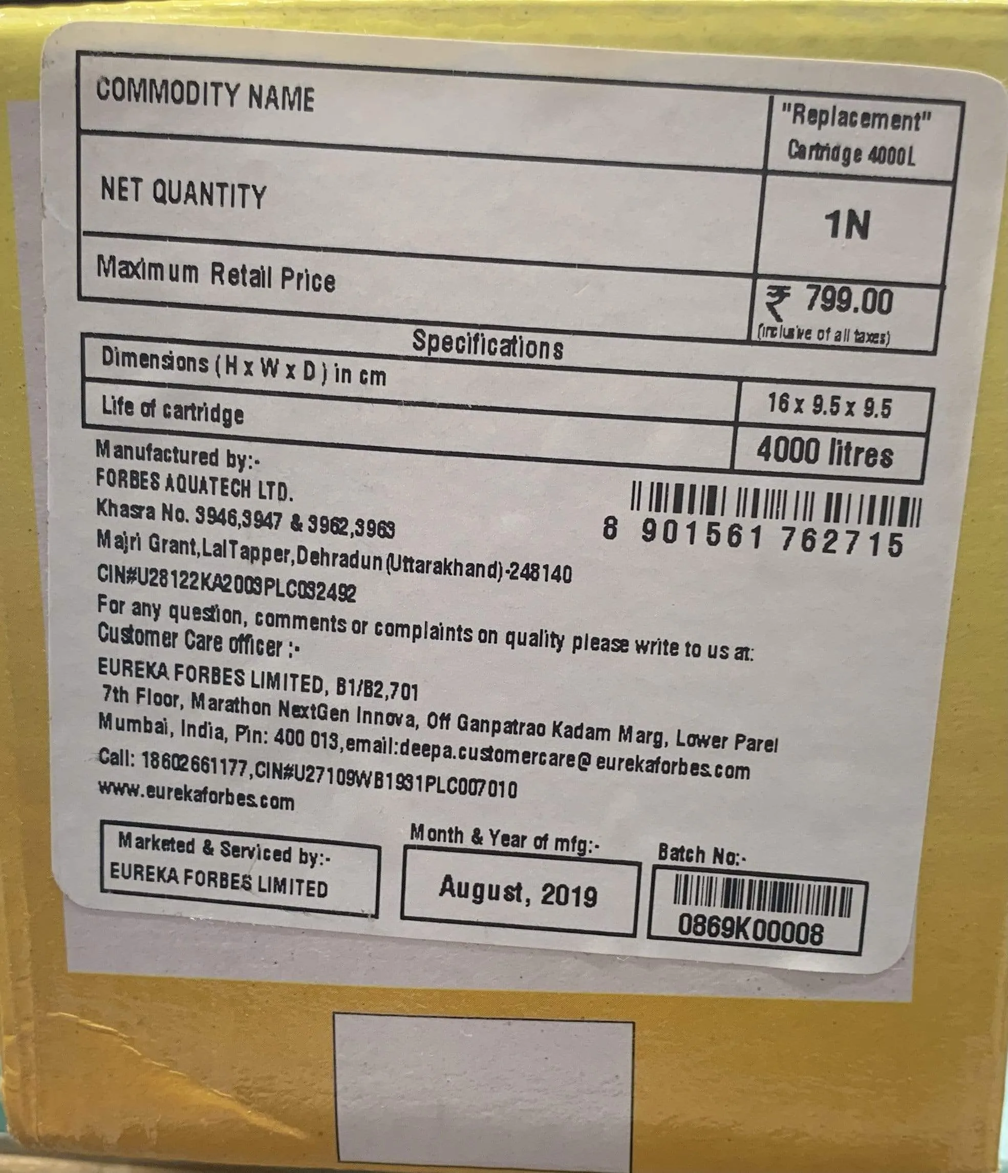 Eureka Forbes Aquasure 4000 litres Cartridge (Common for Xtra Tuff/Maxima/Shakti/Aayush)