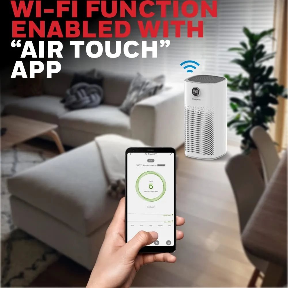 Honeywell Air Touch P2 Air Purifier with H13 HEPA Filter, UV LED, Wi-Fi, 550 CADR  Covers Up to 853 Sq. Ft, White